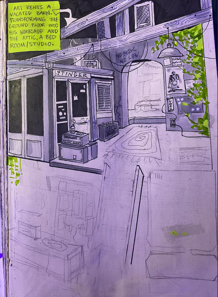 ART'S BARN- concept artwork of the barn my oc renovates to function as his music studio/living space.